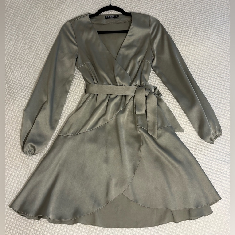 Nasty Gal Satin Sage Green Wrap Dress with Tie Waist